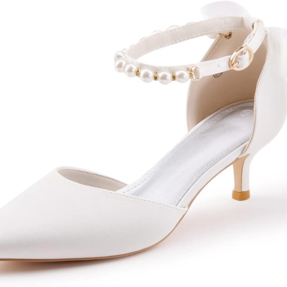 Women's Satin Pearl Ankle Strap Pumps Low Kitten Heel Dress Shoes